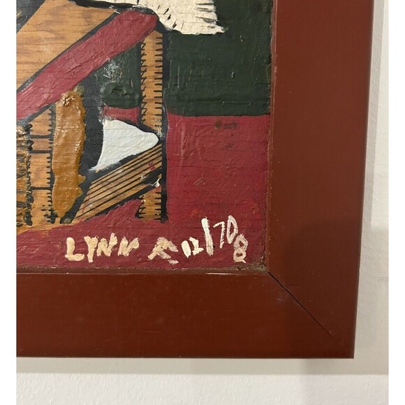 Vintage Primitive Folk Art Painting On Board Girl With Apple Portrait PA Dutch - Picture 3 of 9